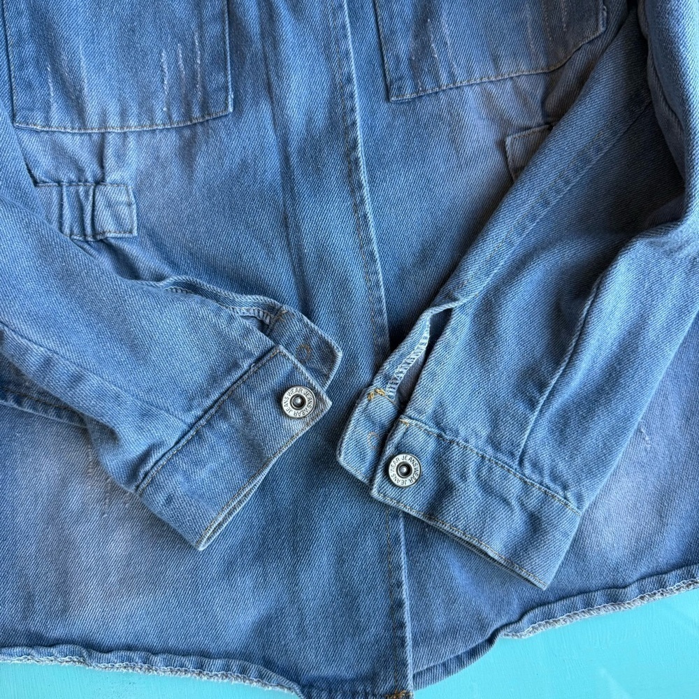 Source Unknown Distressd Blue Jean Jacket Size S or M Streetwear - Picture 7 of 12